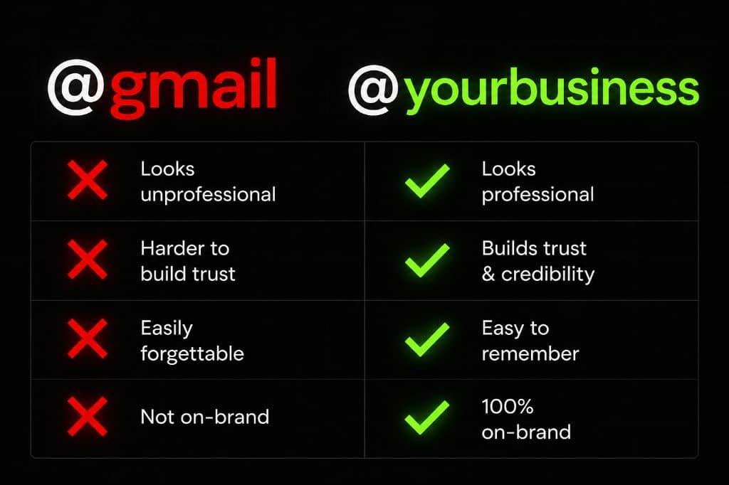 Professional email at your domain versus Gmail — looks professional, builds trust, easy to remember, and on-brand